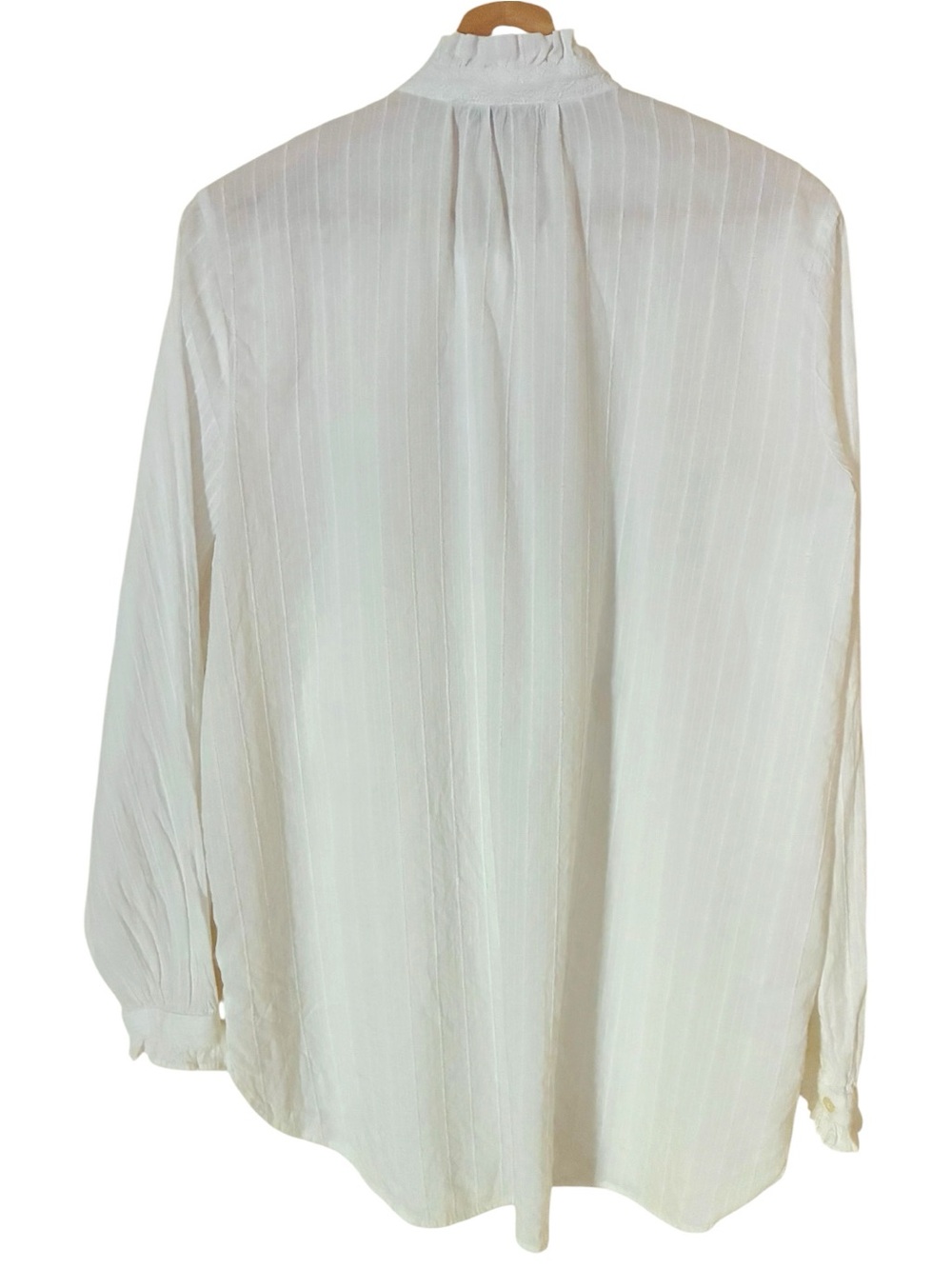 Ann Taylor LOFT LARGE White Pleated Front Ruffle Collar Textured Pinstripe Top - Picture 7 of 7
